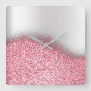 Bright  Pink Glitter Silver Gray Minimal Metallic Square Wall Clock