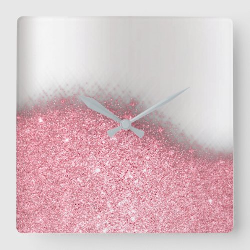 Bright  Pink Glitter Silver Gray Minimal Metallic Square Wall Clock