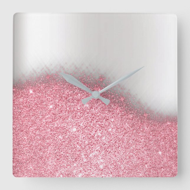 Bright  Pink Glitter Silver Gray Minimal Metallic Square Wall Clock (Front)