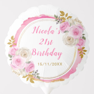 Bright Pink Gold Elegant Flowers Birthday Party Balloon