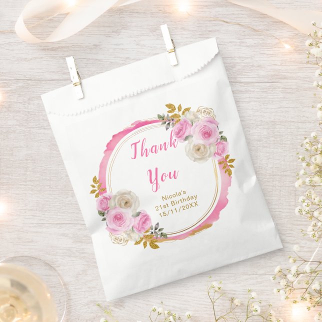 Bright Pink Gold Elegant Flowers Birthday Party Favor Bag (Clipped)