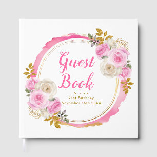 Bright Pink Gold Elegant Flowers Birthday Party Guest Book