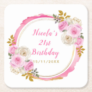 Bright Pink Gold Elegant Flowers Birthday Party Square Paper Coaster