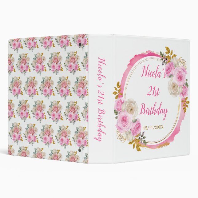 Bright Pink Gold Elegant Flowers Birthday Photo  3 Ring Binder (Background)