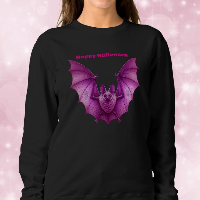 Bright Pink Gothic Spooky Flying Bat for Halloween Sweatshirt (Vibrant pink spooky Happy Halloween bat wings spread in flight on black sweatshirt.)