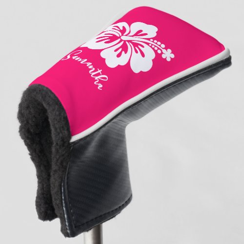 Bright Pink Gradient Personalized White Hibiscus Golf Head Cover