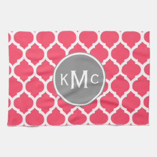 Bright Pink Gray Monogrammed Moroccan Lattice Towel