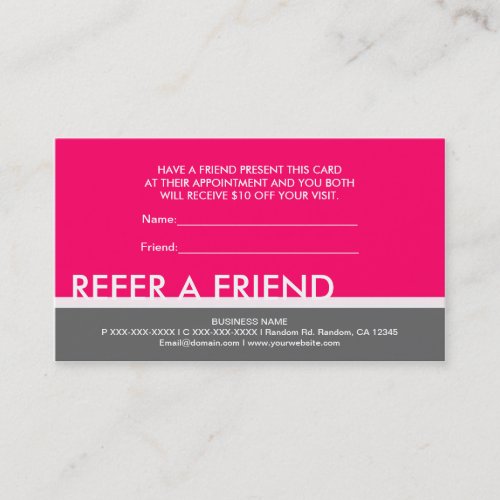 Bright pink gray simple refer a friend cards business card