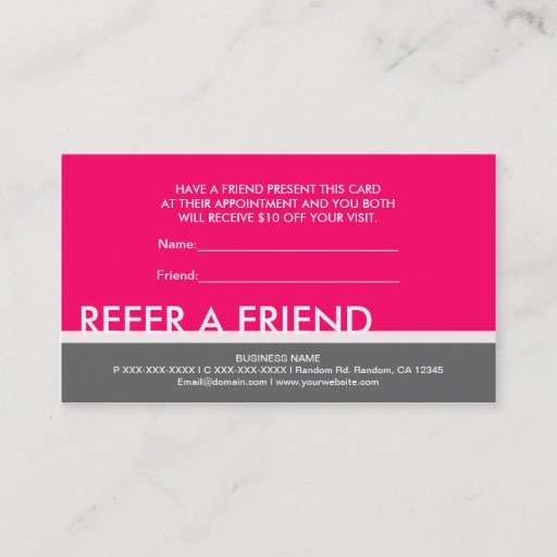 Customizable Bright pink gray simple refer a friend cards business card