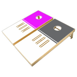 Bright PInk Gray White Color Block MOM DAD Text Cornhole Set