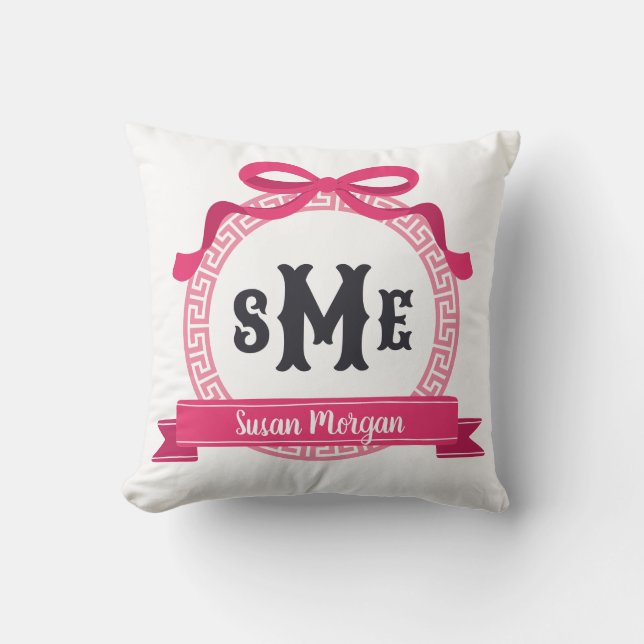 Bright Pink Greek Key Bow Monogram Throw Pillow (Front)