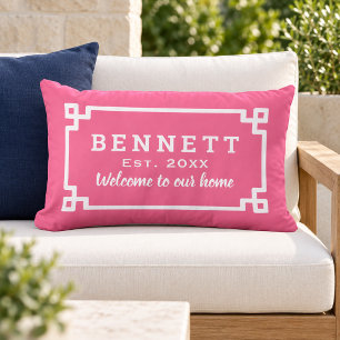 Bright Pink Greek Key Monogram Welcome Lumbar Pillow