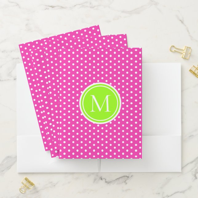 Bright Pink Green and White Polka Dot Monogram Pocket Folder (In Situ)