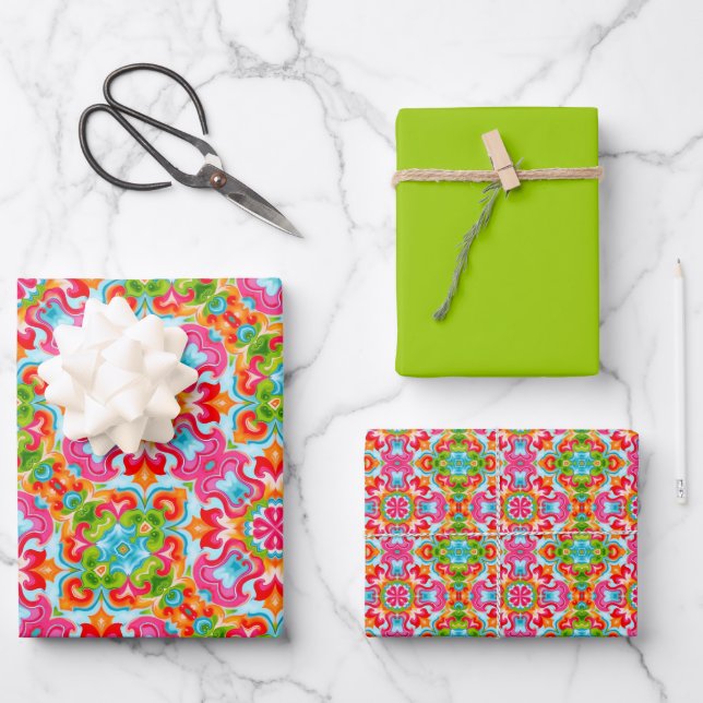 Bright Pink, Green, Blue, Orange & White Pattern Wrapping Paper Sheets (Front)