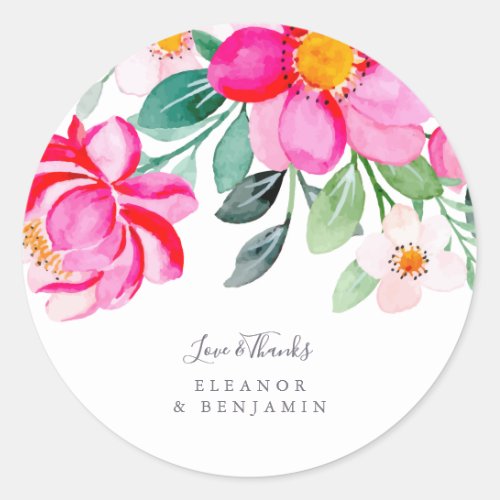 Bright Pink Green Floral Custom Wedding Thank You  Classic Round Sticker