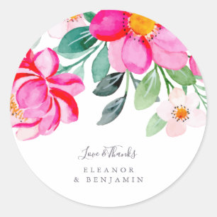 Bright Pink Green Floral Custom Wedding Thank You Classic Round Sticker