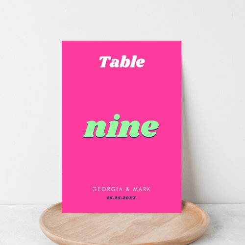 Bright Pink Green Retro Wedding Table Number 9   