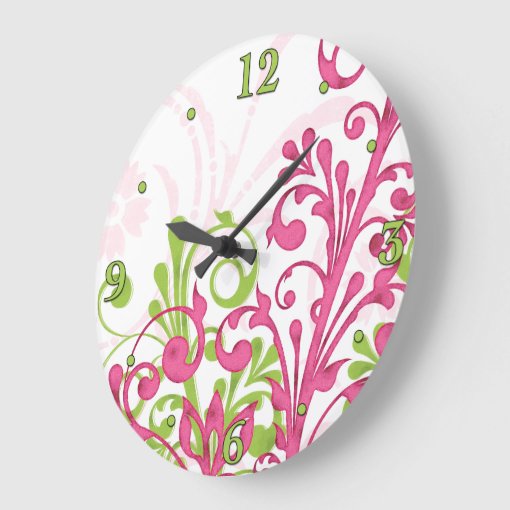 Bright Pink, Green, White Floral Wall Clock | Zazzle