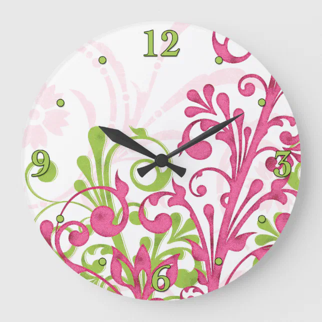 Bright Pink, Green, White Floral Wall Clock | Zazzle