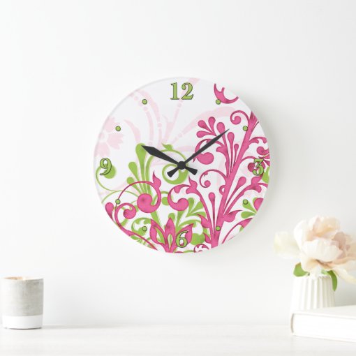 Bright Pink, Green, White Floral Wall Clock | Zazzle