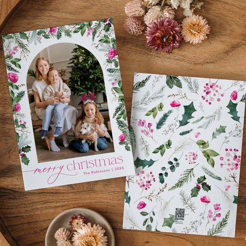 Bright Pink  Greenery Arch Merry Christmas Photo Holiday Card