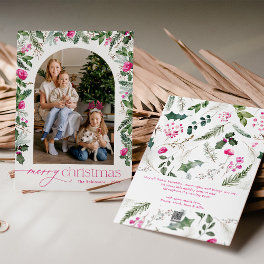 Bright Pink & Greenery Arch Photo Merry Christmas Holiday Card