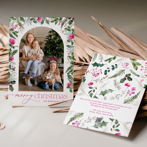Bright Pink  Greenery Arch Photo Merry Christmas Holiday Card
