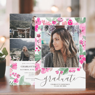 Bright pink greenery script photo graduation invitation