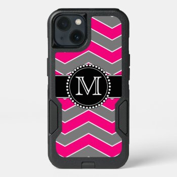 Bright Pink Grey  Black Chevron  Monogrammed Iphone 13 Case by CoolestPhoneCases at Zazzle
