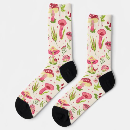 Bright pink groovy cottagecore seamless pattern socks