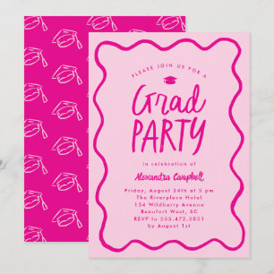 Bright Pink Hand Drawn Squiggle Graduation Party Invitation