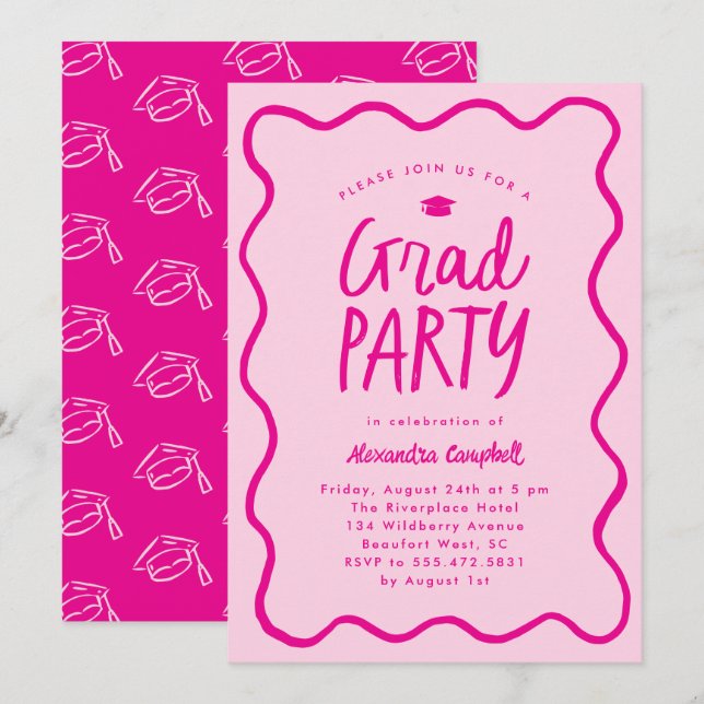 Bright Pink Hand Drawn Squiggle Graduation Party Invitation (Front/Back)