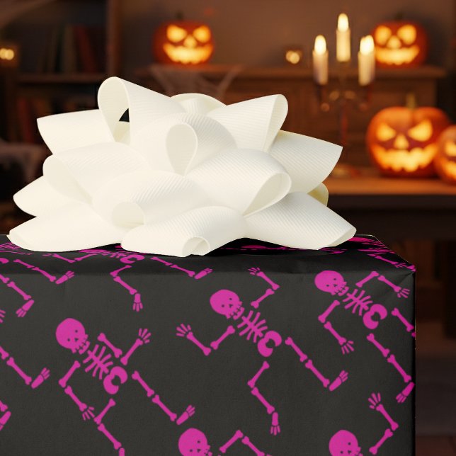 Bright Pink Happy Dancing Skeletons Horror Pattern Wrapping Paper (Creator Uploaded)