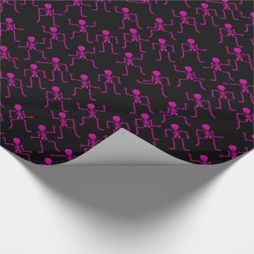 Bright Pink Happy Dancing Skeletons Horror Pattern Wrapping Paper