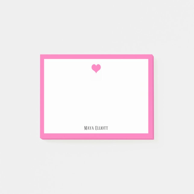Bright Pink Heart and Border on White with Name Post-it Notes (Front)