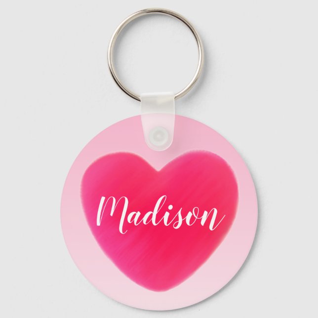 Bright Pink Heart Custom Name Keychain (Front)