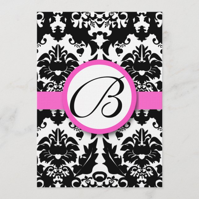 Bright Pink Hearts & Swirls Damask Wedding Menu (Front)