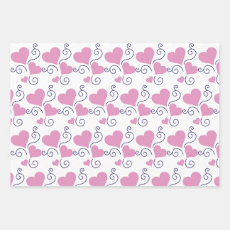 Bright Pink Hearts With Decorative Blue Swirls Wrapping Paper Sheets