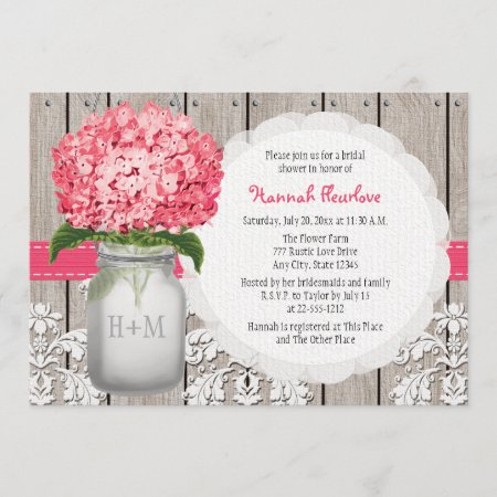 Bright Pink Hydrangea Mason Jar Bridal Shower Invitation