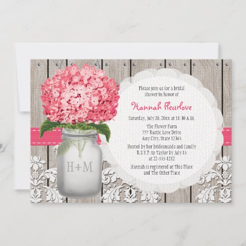 Bright Pink Hydrangea Mason Jar Bridal Shower Invitation
