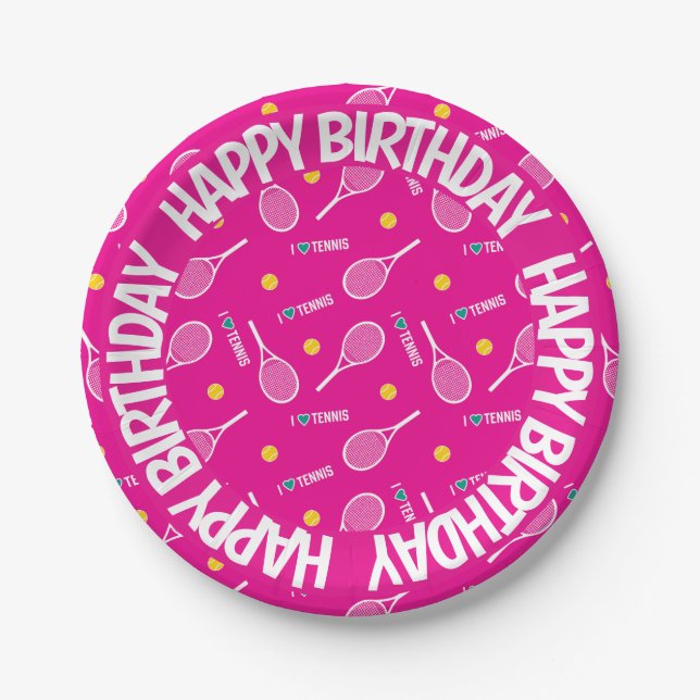 Bright pink I love tennis,  Happy Birthday Paper Plates (Front)