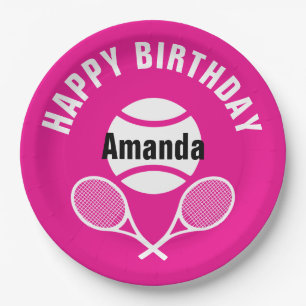 Bright pink I love tennis Paper Plates
