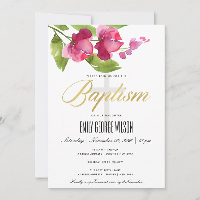 BRIGHT PINK  INK WASH  WATERCOLOR FLORAL BAPTISM INVITATION (Front)