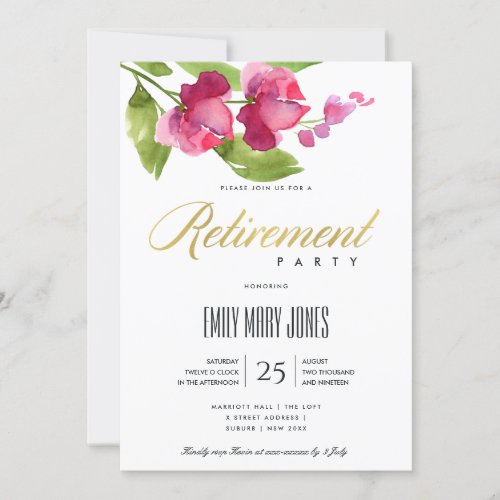 BRIGHT PINK INK WASH WATERCOLOR FLORAL RETIREMENT INVITATION