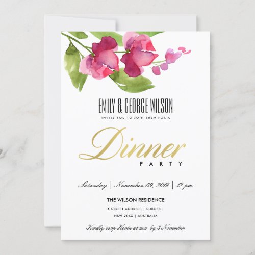 BRIGHT PINK INK WATERCOLOR FLORAL DINNER PARTY INVITATION