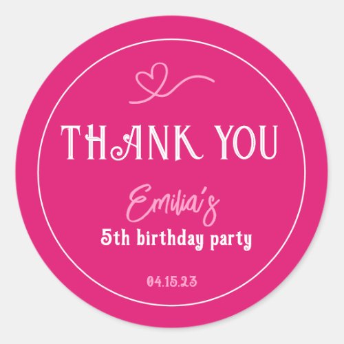 Bright Pink Kids Birthday Party Thank You  Classic Round Sticker
