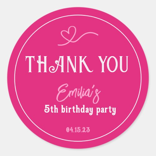 Bright Pink Kids Birthday Party Thank You 