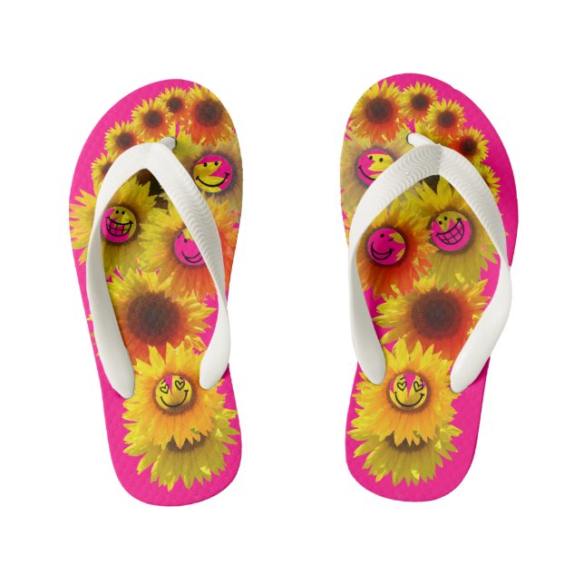 Bright Pink Kids Unisex Sunflower Flip Flops (Footbed)