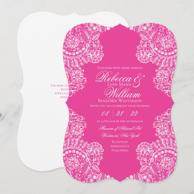 Bright Pink Lace Elegant Wedding Invitation (Front/Back)