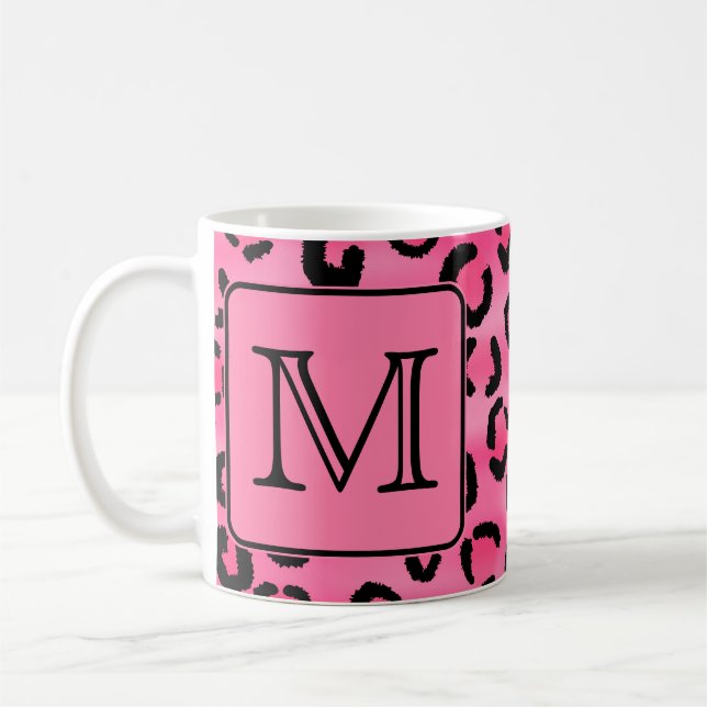 Bright Pink Leopard Print Custom Monogram. Coffee Mug (Left)
